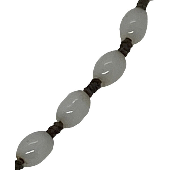 White Glass Bead 22" Necklace Green Nephrite Jade Carved Octagonal Pendant China - Picture 4 of 16